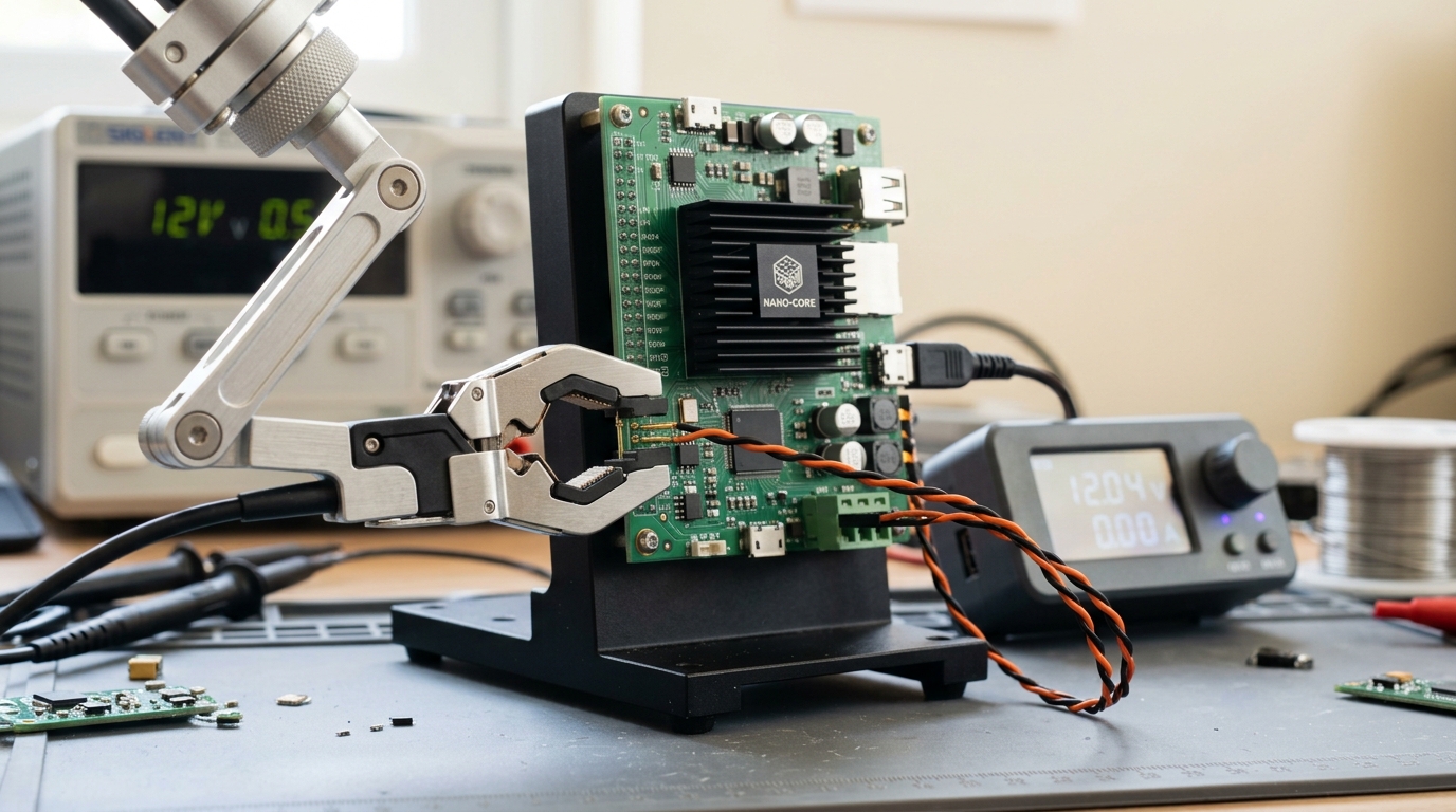 A microcontroller and neural-processing development board standing in a bench rig with a current-sense probe caught mid-clip onto its supply rail and a lab power supply's display glowing beside it
