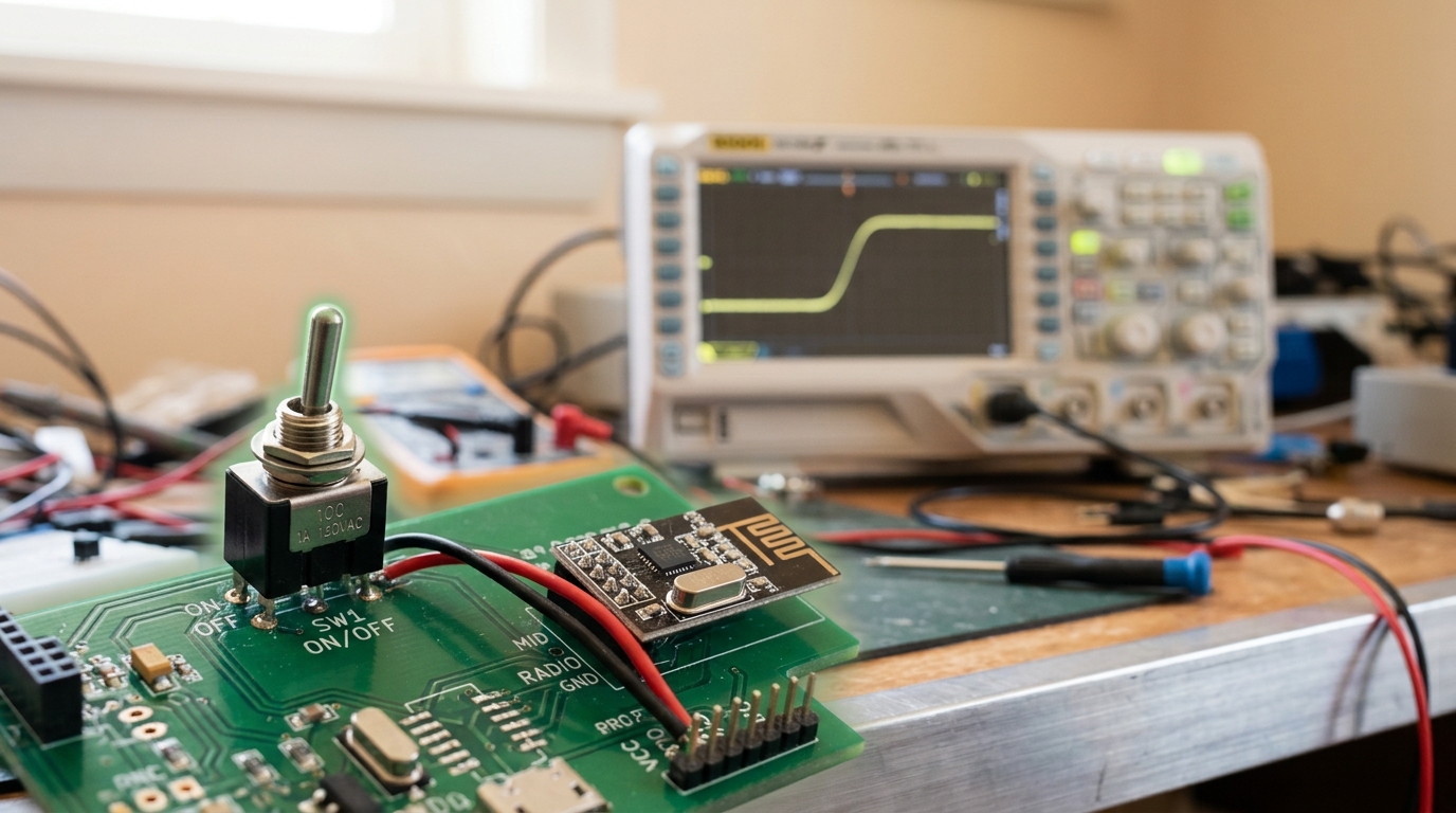 A sensor node's hardware privacy switch caught mid-toggle beside its radio module, with a bench oscilloscope in the background showing a single trace on its screen