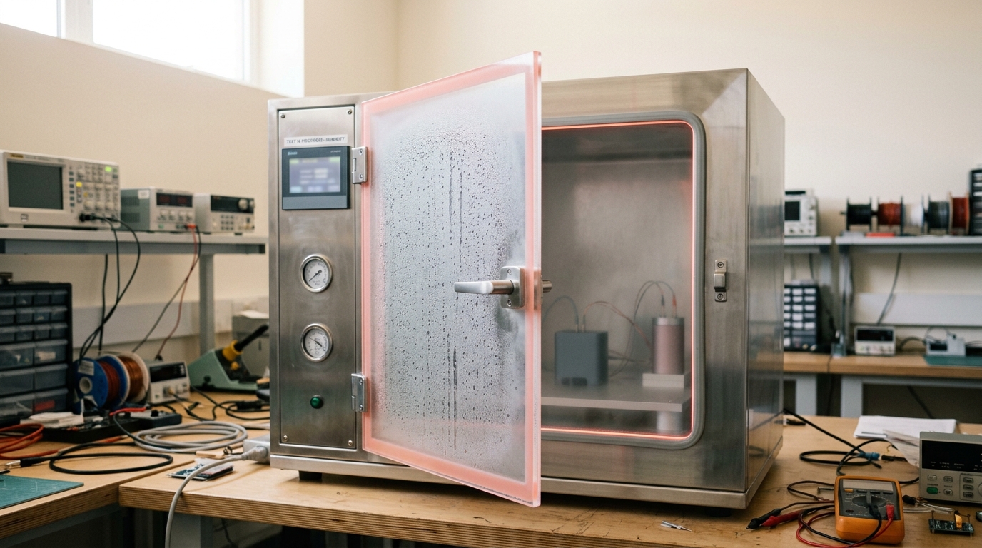 A benchtop environmental test chamber with a sensor unit inside, its frosted acrylic door caught mid-swing, not yet latched, beside a drift-calibration reference cell