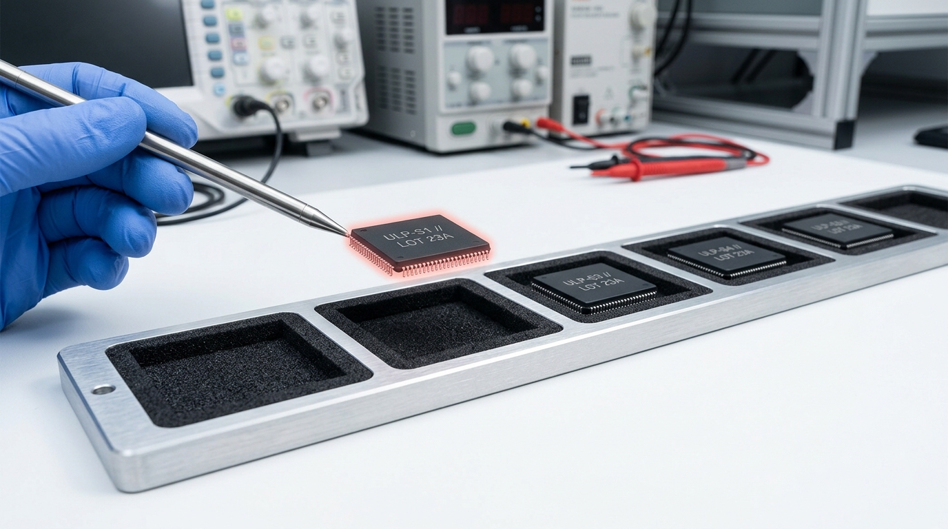 A ceramic die-carrier tray holding several candidate ultra-low-power compute samples, one sample lifted just clear of its tray pocket by a vacuum wand tip