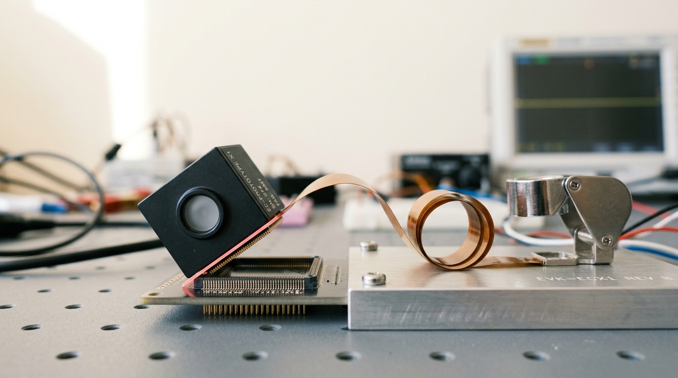 A next-generation stacked event-camera sensor module tilted mid-seat into a small evaluation socket, its flex ribbon connector only partway mated