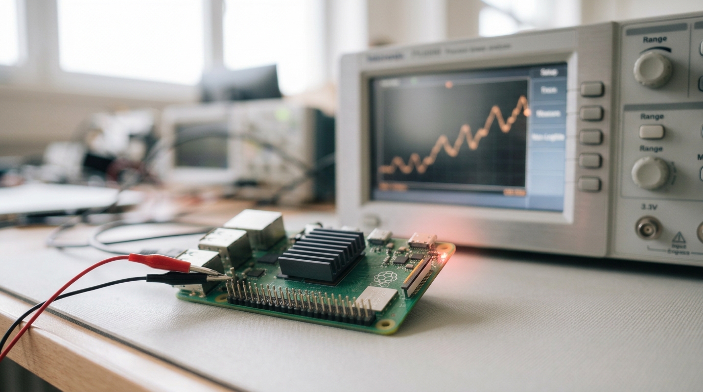 A small edge-inference board wired to a precision power analyzer, one status LED caught just beginning to glow as a local on-device computation starts