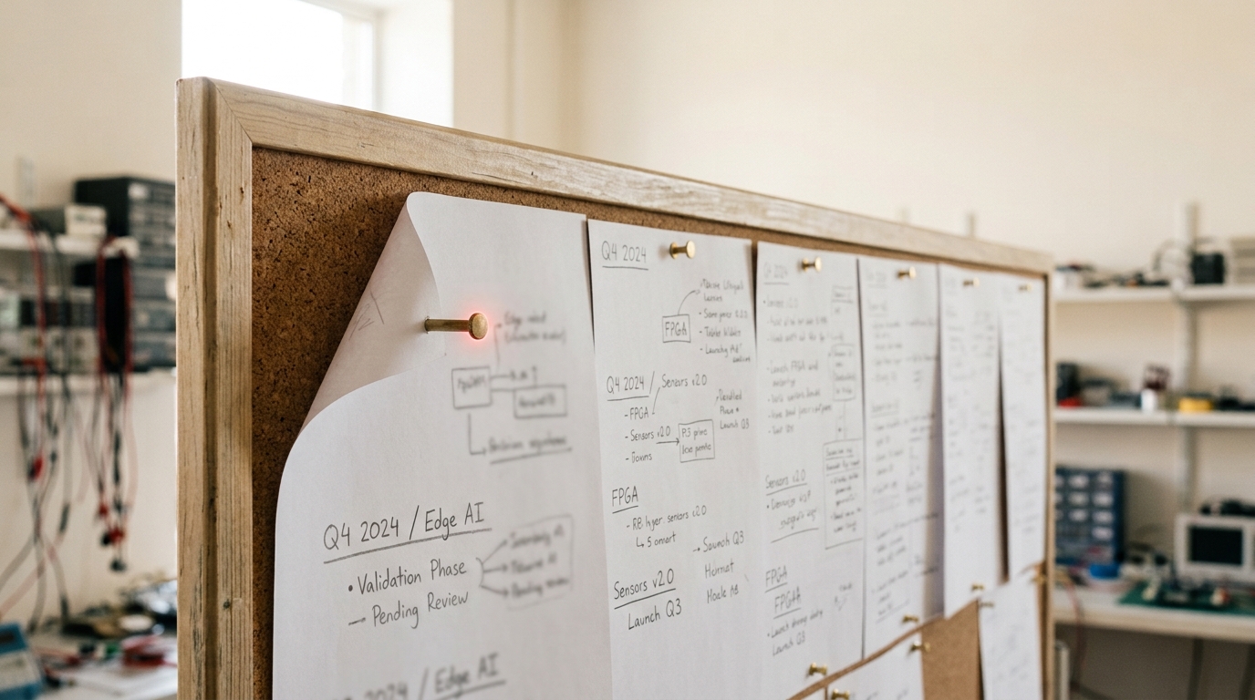 A printed technology-roadmap page on a cork board with one corner still curling and its pushpin only partway driven in, surrounded by earlier pinned pages