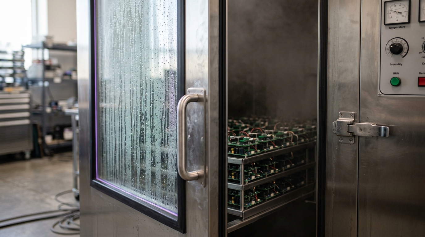 A walk-in environmental test chamber door stands ajar, condensation still clinging to the glass, a rack of sensor boards visible inside mid-thermal-cycle.