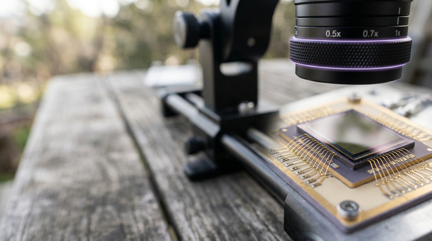 A small event-camera sensor die sits exposed under a macro lens rig outdoors, the focus ring caught mid-turn.