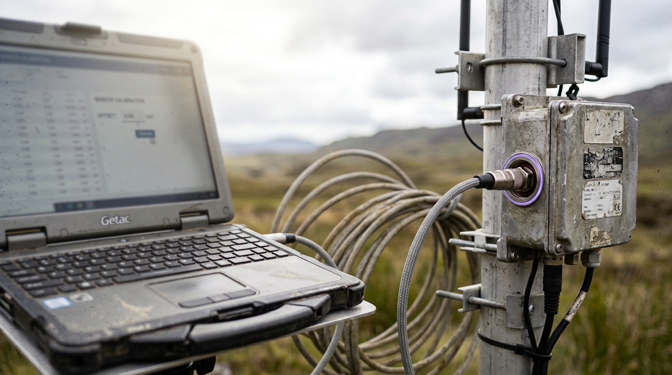 A field laptop is tethered by a short cable to a weathered pole-mounted sensor node, its cursor hovering over an unconfirmed calibration value.