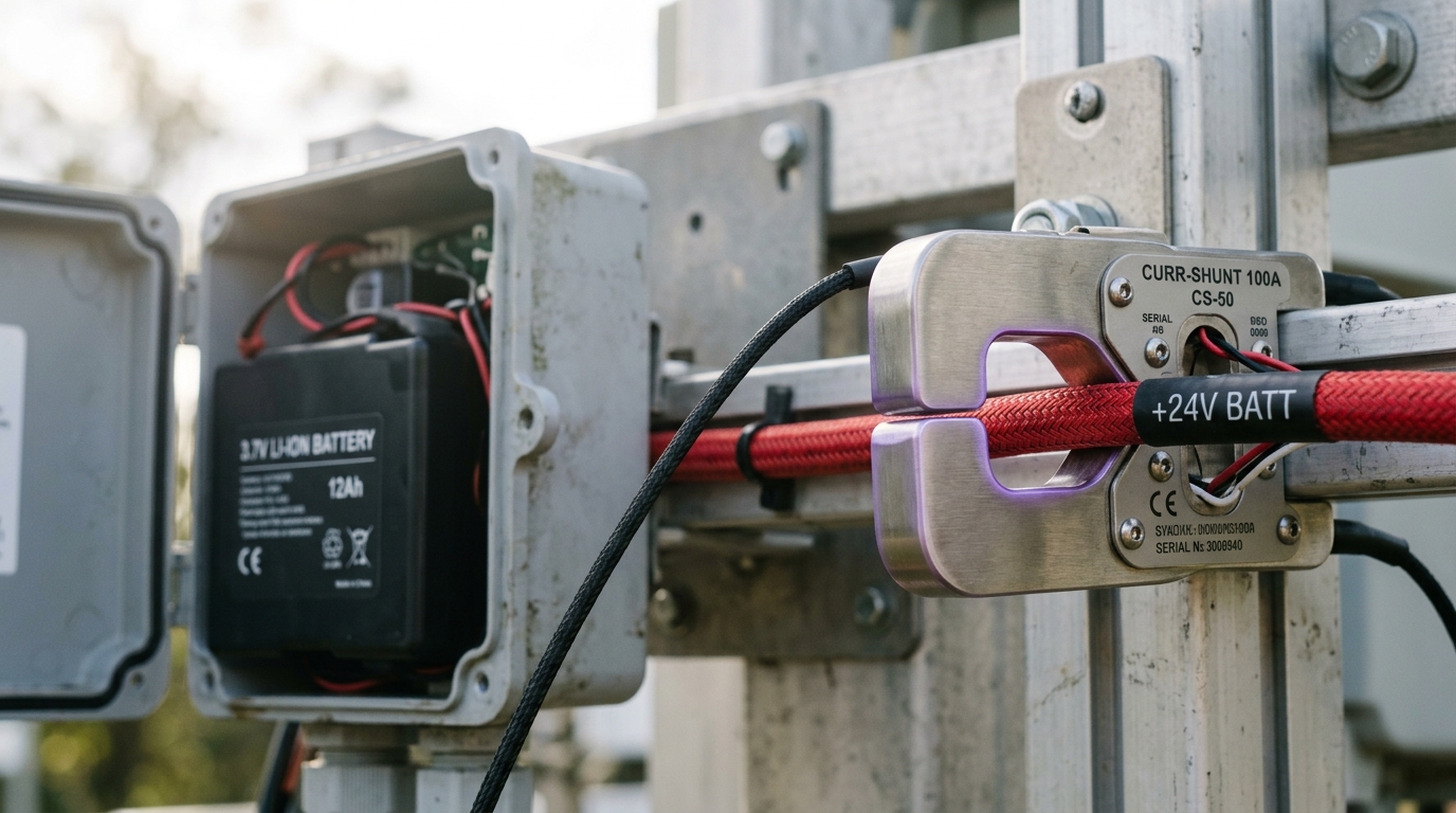 A current-sense shunt clip closes around a battery supply rail feeding a pole-mounted sensor node, caught just before full contact.