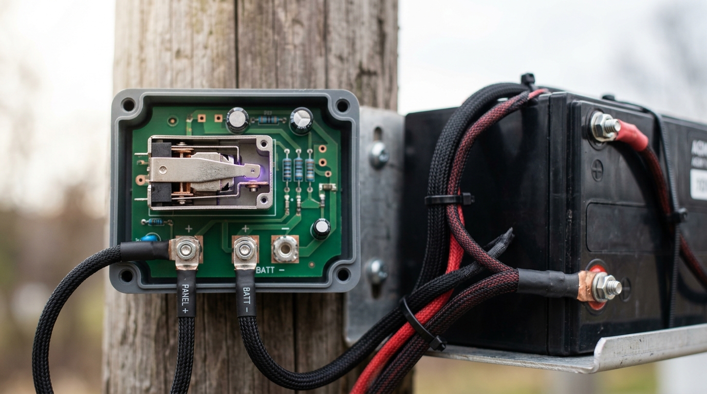 A small solar charge controller wired to a battery pack and panel lead shows its relay contact arm just short of making contact.