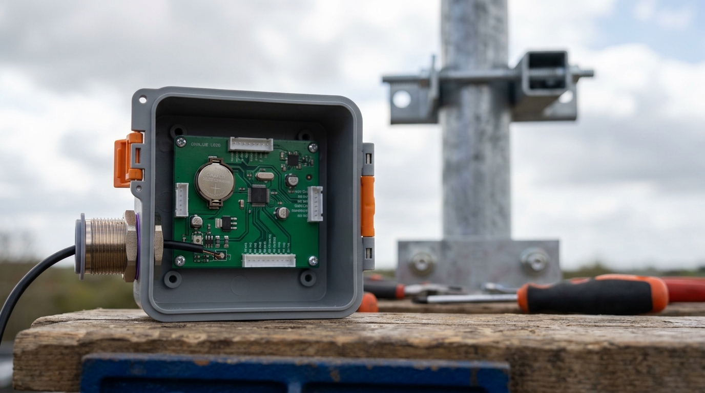 A technician's gloved hand is not shown; a weatherproof enclosure sits open on a fixture with a cable gland half-threaded, about to be sealed against a pole-mounted sensor node under open sky.