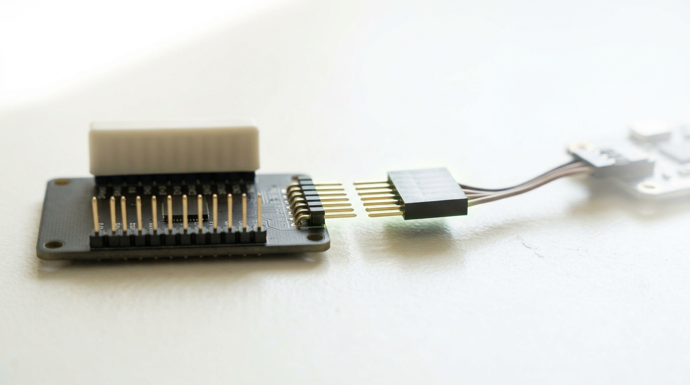 A small embedded module with two header rows, one carrying a raw sensor line terminated under a probe cap and the other a low-rate serial line whose connector is caught mid-insertion toward a separate logger board