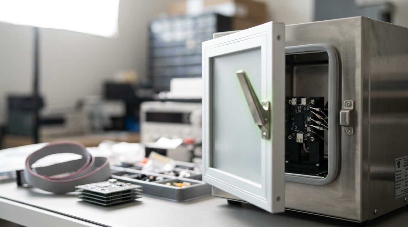 A benchtop thermal test chamber with a frosted acrylic window showing a populated development board wired with thermocouple leads inside, its door caught mid-swing and not yet latched