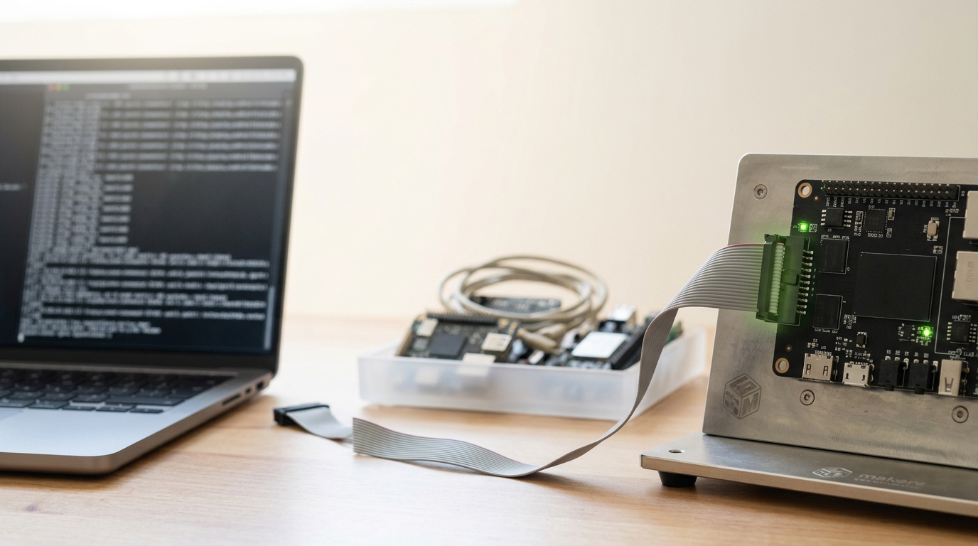 A development board mounted in a bring-up fixture with its debug connector's latch caught half-engaged mid-flash, a ribbon cable running back to a laptop open on a model-conversion terminal