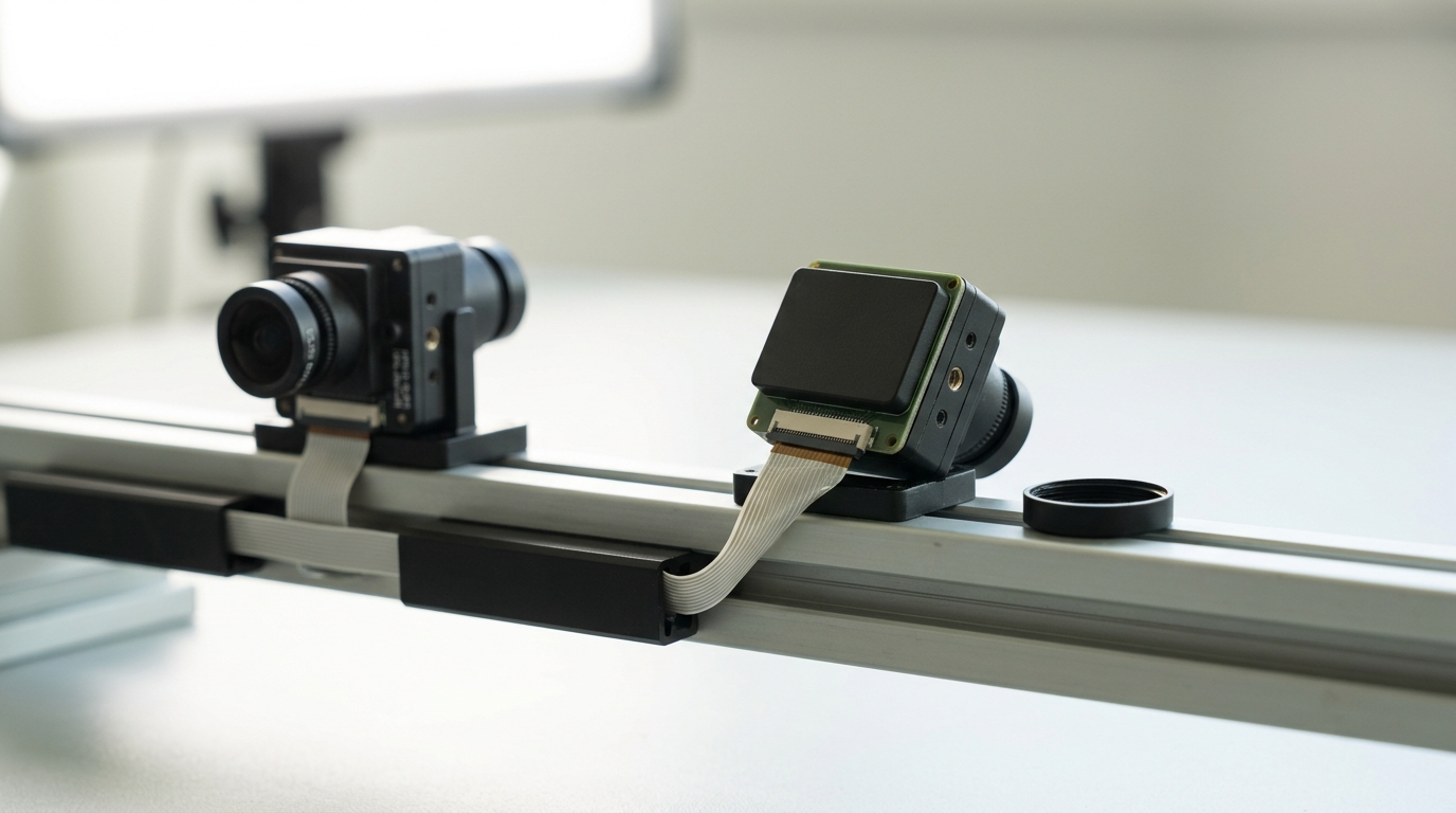 Two small camera modules mounted side by side on a test fixture rail, a conventional frame-camera module already cabled and steady beside an event-camera module whose ribbon connector is caught mid-seating
