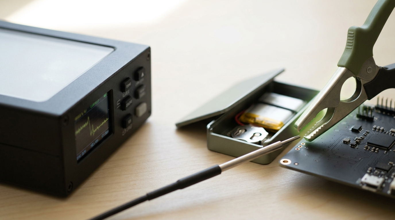 A bench power analyzer wired to a battery-powered prototype, its current-sense Kelvin clip caught just short of the exposed test point on the prototype's power rail