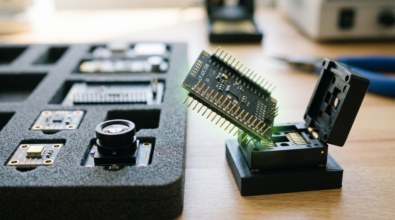 A foam-lined component tray holding sensor and analog-front-end samples with a small ADC evaluation board caught mid-lift into a test socket, its pin row not yet fully seated