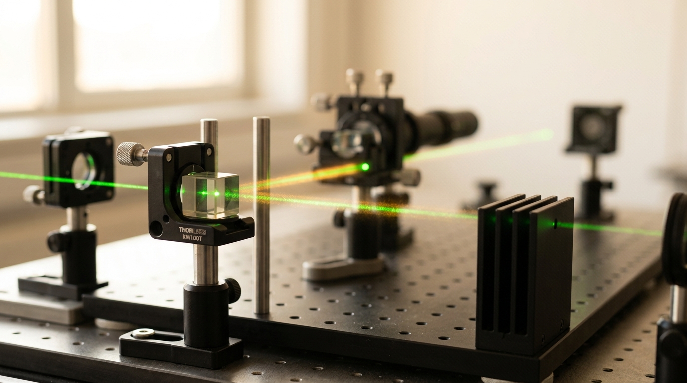 A polarizing beamsplitter cube on a vibration-isolated optical bench forking a single beam into a bright transmitted path and a dimmer reflected path, a kinematic mount beside it caught mid-adjustment