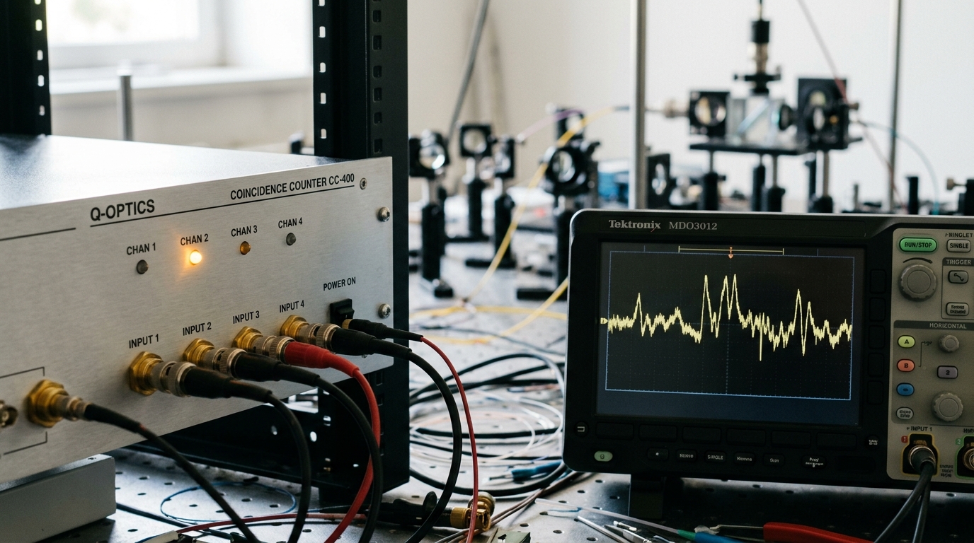 A rack-mounted coincidence-counting electronics chassis beside an oscilloscope showing a frozen, unlabelled trace, one channel indicator lit while three others stay dark