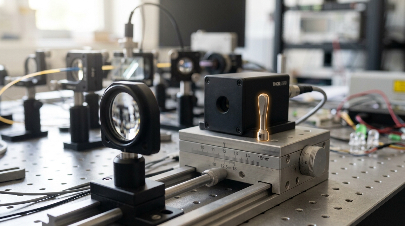 A single-photon detector mounted on a translation stage in front of a collection lens, positioned partway along its scan track rather than at either end