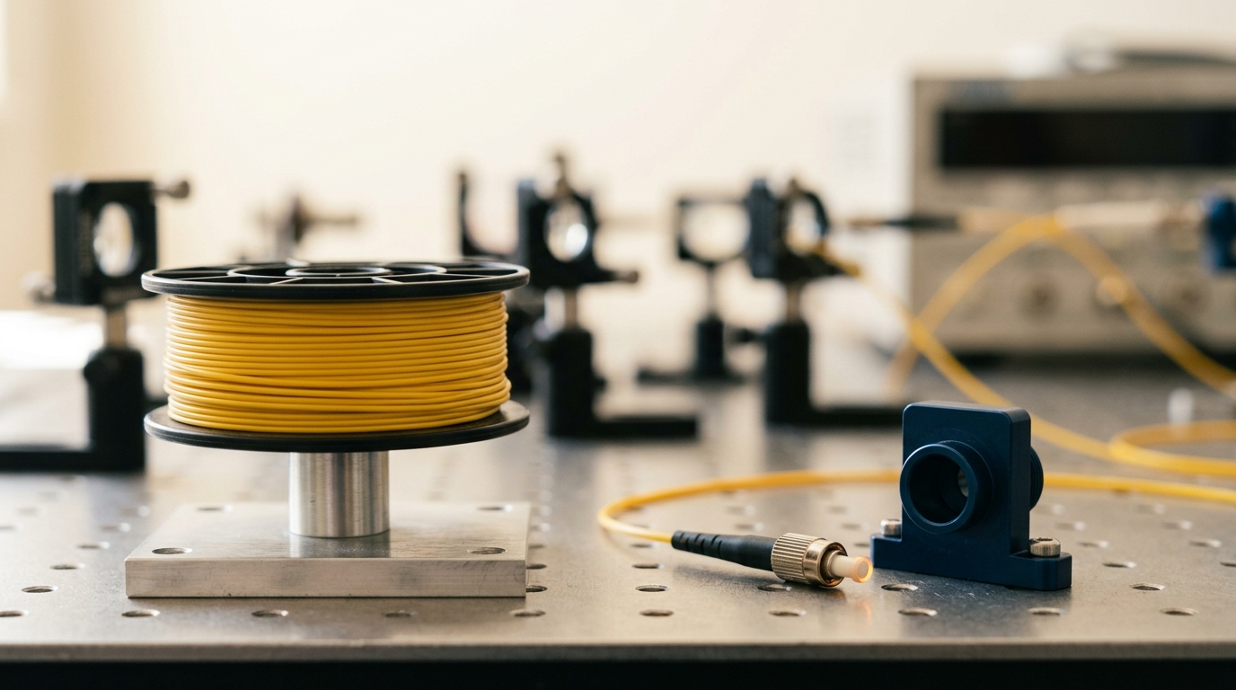 A neatly wound spool of single-mode optical fibre mounted beside a beam path on an optical bench, one loose end not yet connectorized and resting free of its mount