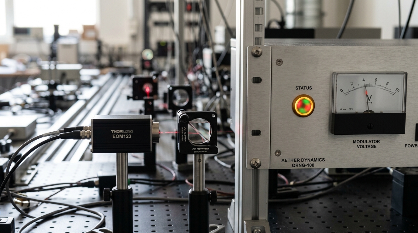 A rack-mounted quantum random number generator module beside an electro-optic modulator cell and a Wollaston prism, a single status LED caught between its two indicator colors