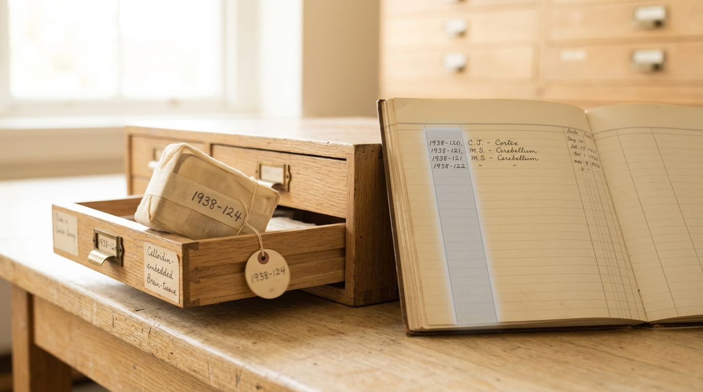 A numbered celloidin-embedded brain-tissue block rests askew half out of a wooden slide-cabinet drawer, its paper tag swinging, beside an open accession ledger page ruled with block numbers