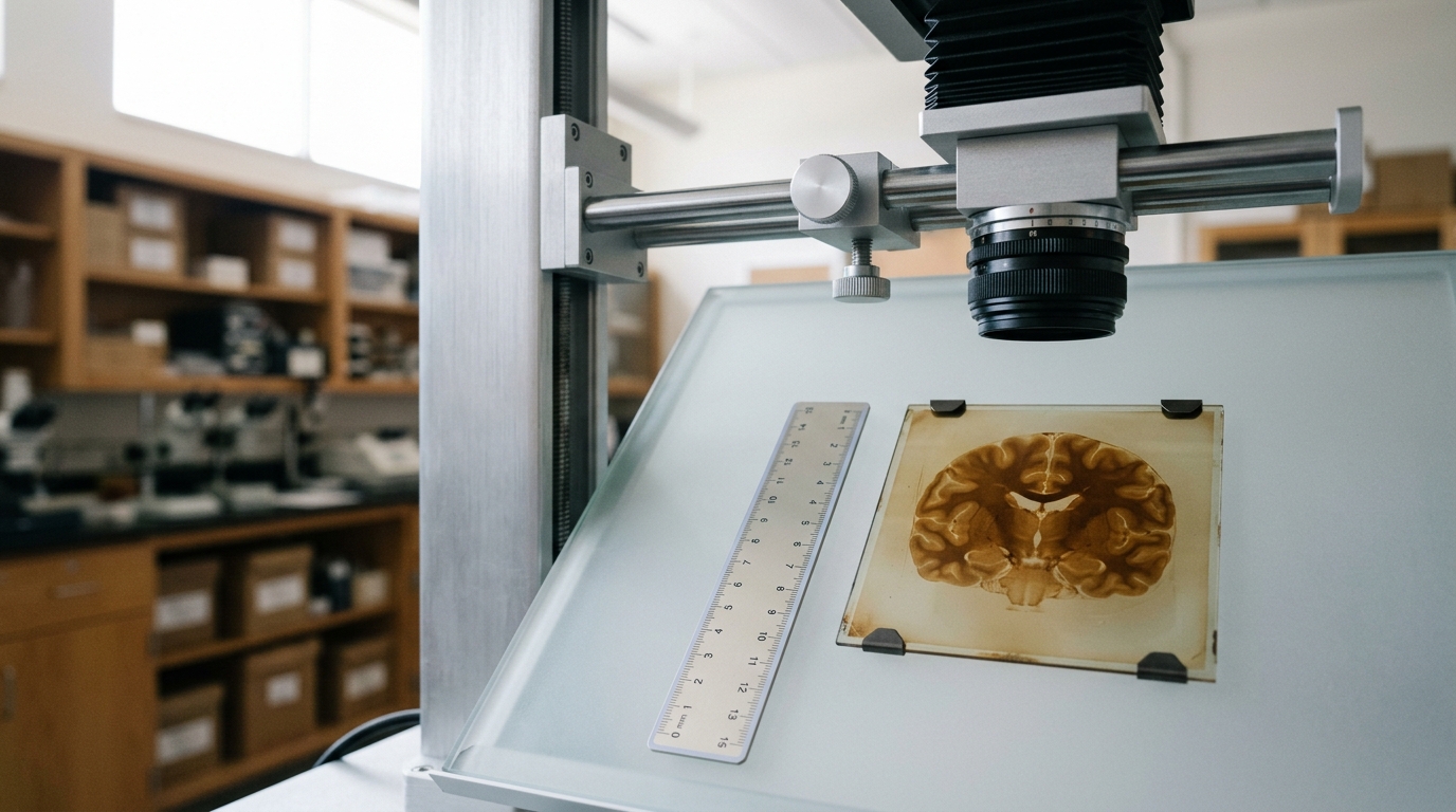 An old glass-plate brain photograph negative lies clamped under a copy-stand camera beside a calibrated scale bar, the stand's focus rail caught mid-adjustment