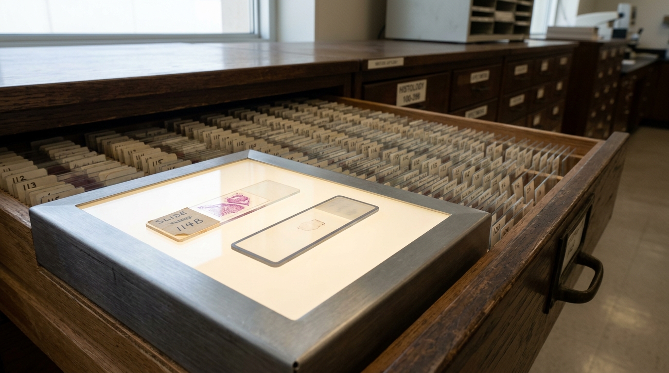 Two microscope slides rest side by side on a small light box pulled from a drawer of numbered slides, one slide turned face-down mid-comparison