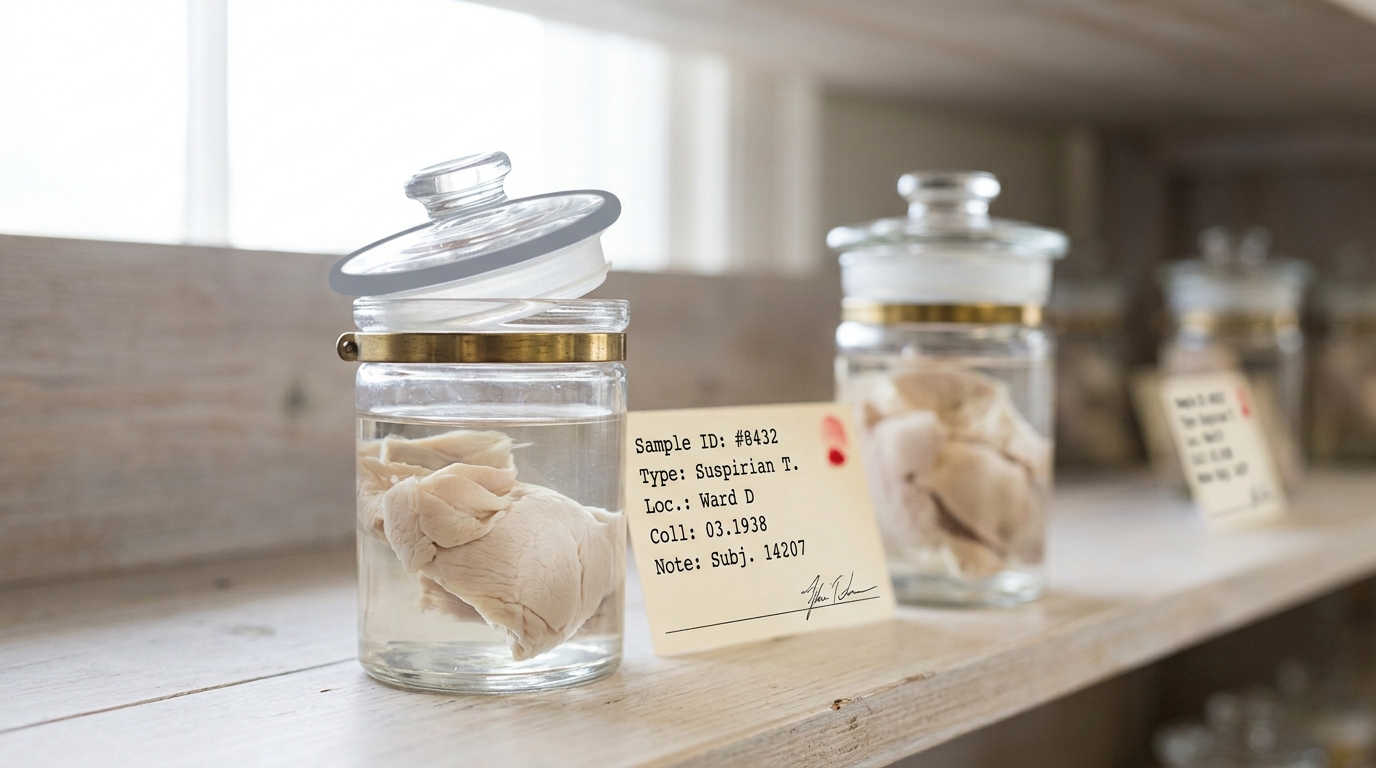 Two glass specimen jars sit on an archival shelf beside a stamped accession card, the lid of the nearer jar resting unseated and slightly off true