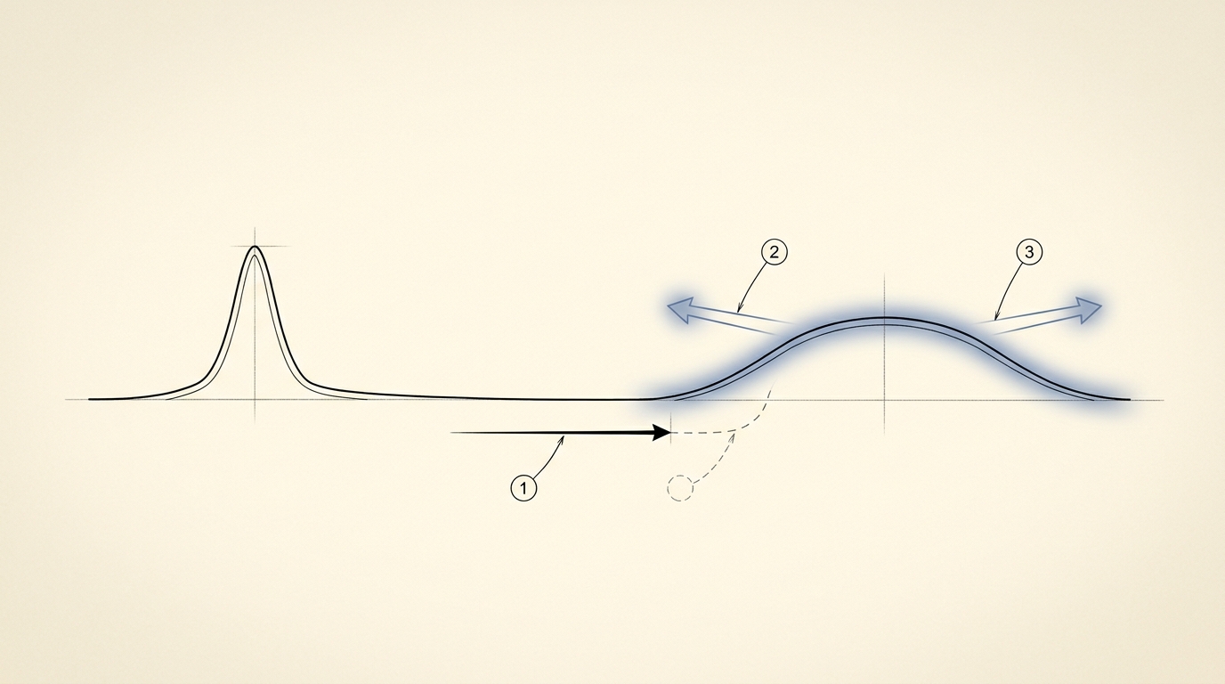 A patent-style figure with numbered part roundels showing a peaked density profile spreading into a broader hump under paired drift and diffusion arrows, one arrow accented in blue