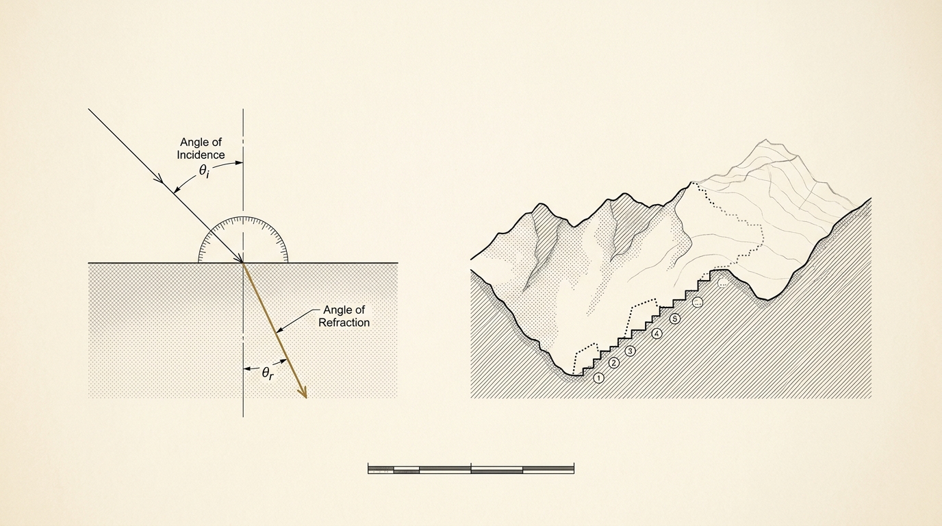 A comparative plate on one sheet drawing a Brownian particle's zig-zag position track above a bounded allele-frequency path at one common time-scale, one trajectory accented in blue