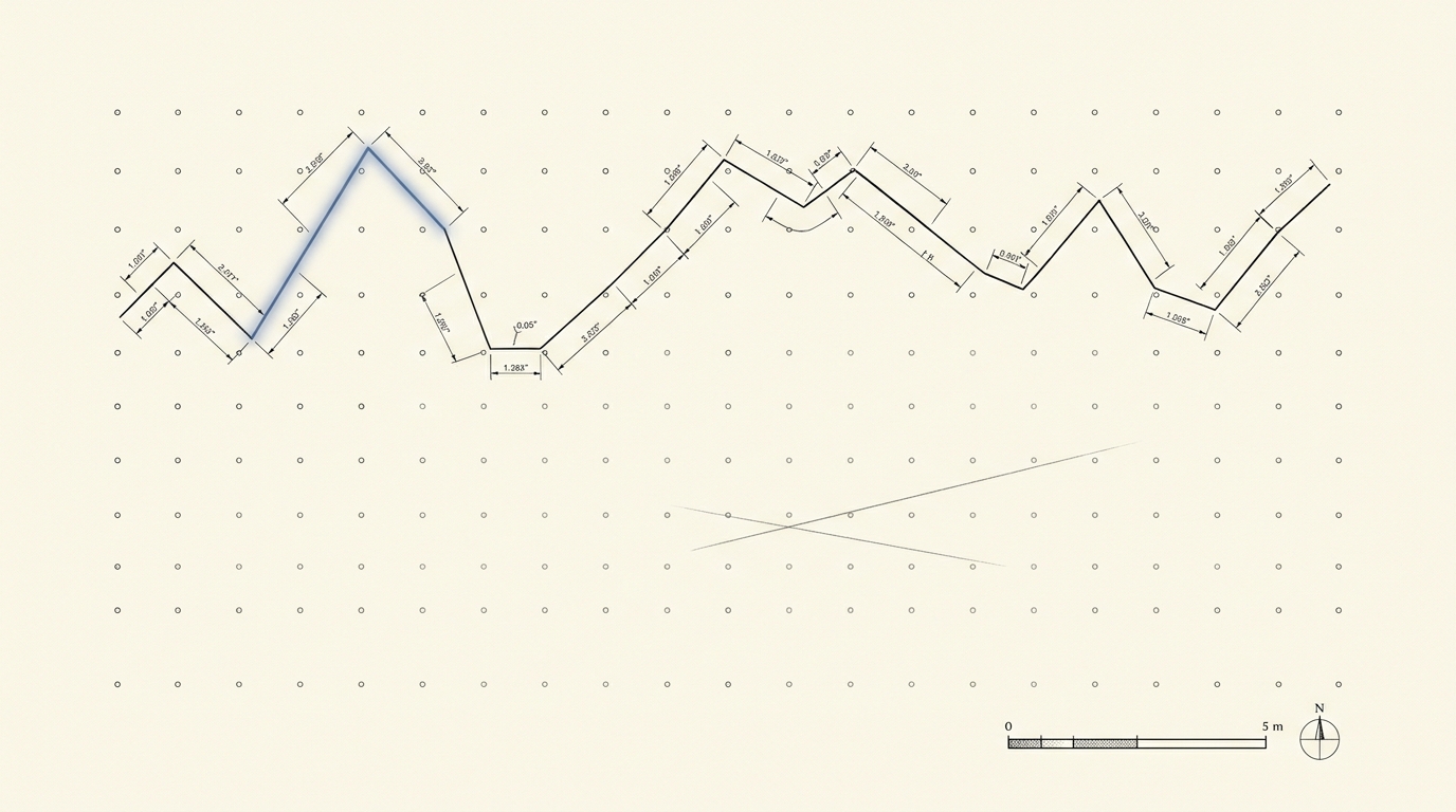 A measured record drawing of a Perrin-style Brownian-particle tracing grid, a zig-zag ink track of dotted positions with dimension leaders measuring each leg, one leg accented in blue