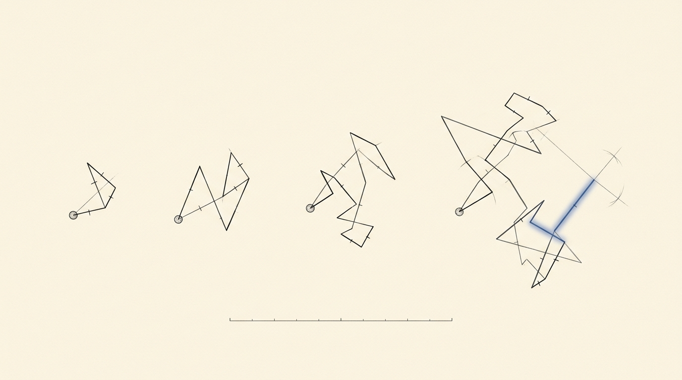 A sequence plate on cream drafting vellum showing one jointed random-walk trajectory drawn at five successive stages of growth, the longest and most recent segment picked out in blue ink