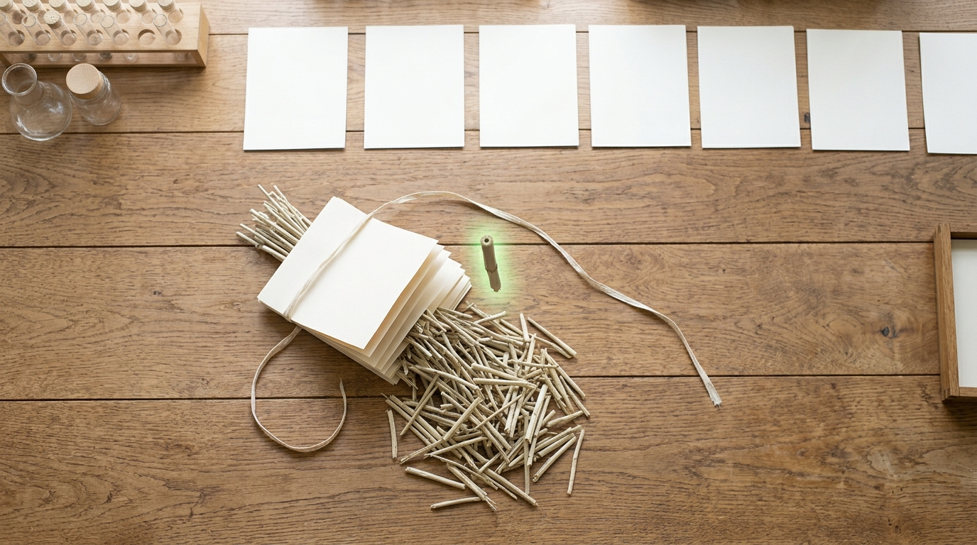 Seen from almost directly above, an untied bundle of incoming dried plant material spilled across a bench where every fragment is a similar pale broken stem, one caught mid-fall beside a row of empty blank mounting cards
