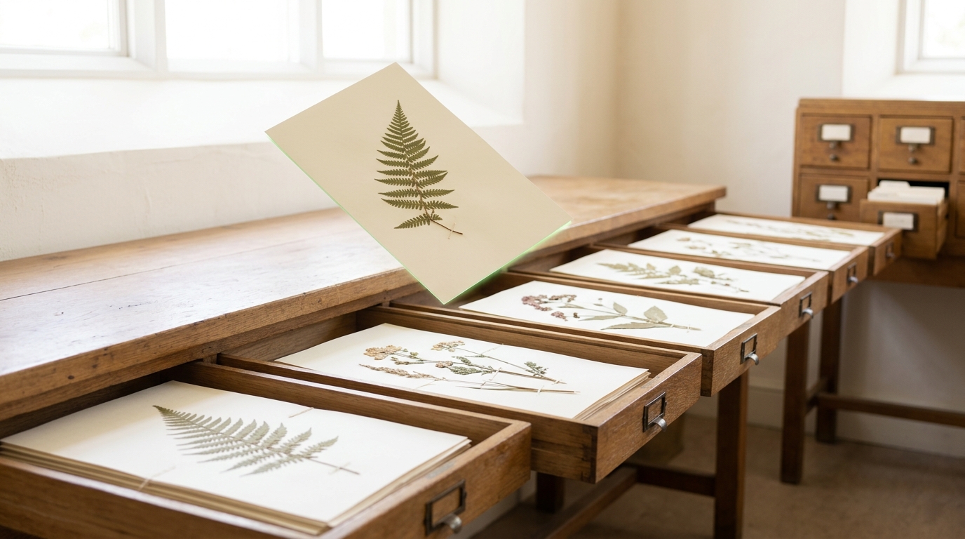 A run of shallow oak herbarium drawers pulled open along a bench, pressed specimens on blank pale card, one sheet caught hovering between two open drawers