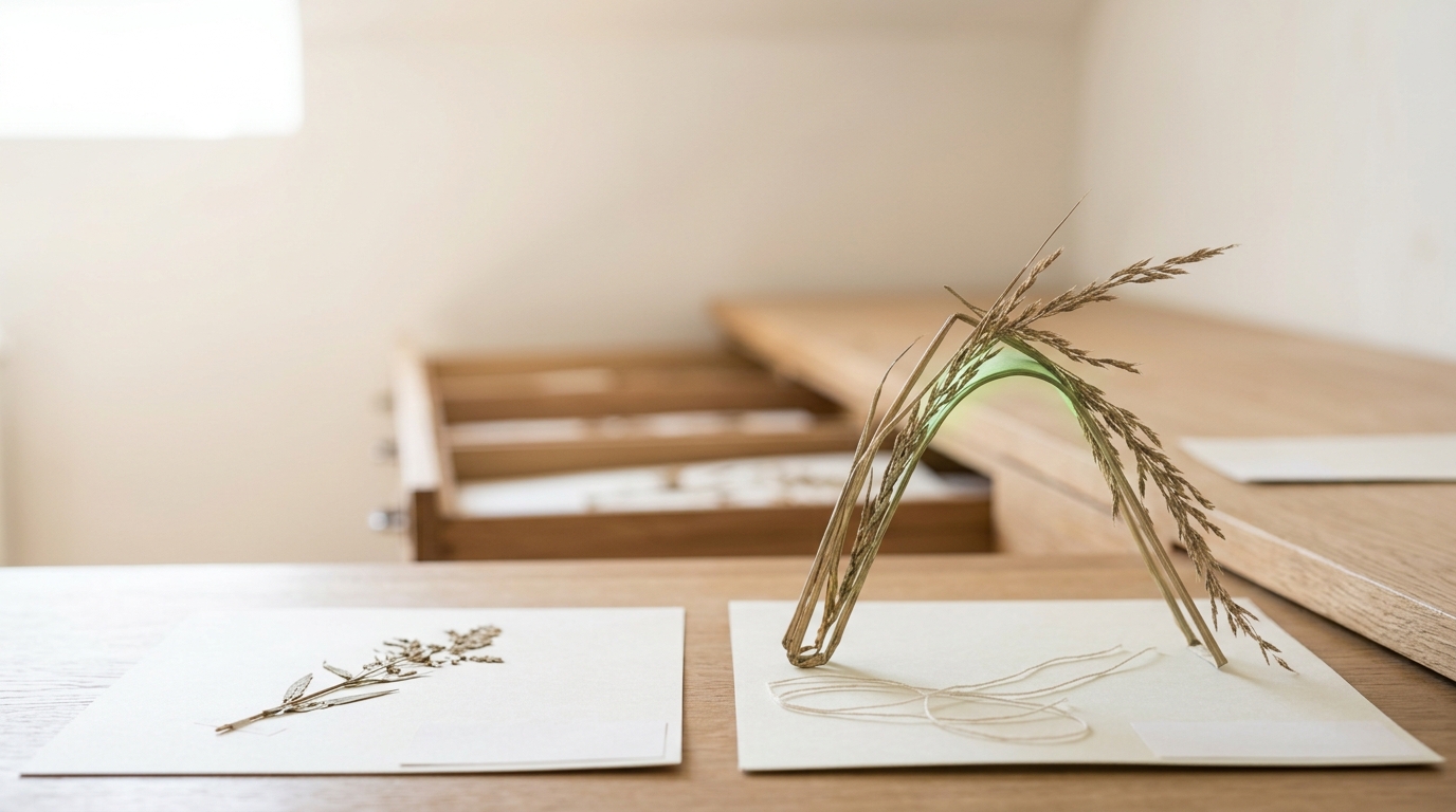 A tall dried specimen caught part-way through being folded back on itself so it will fit the same blank mounting card as the much smaller specimen lying finished beside it, the crease still open
