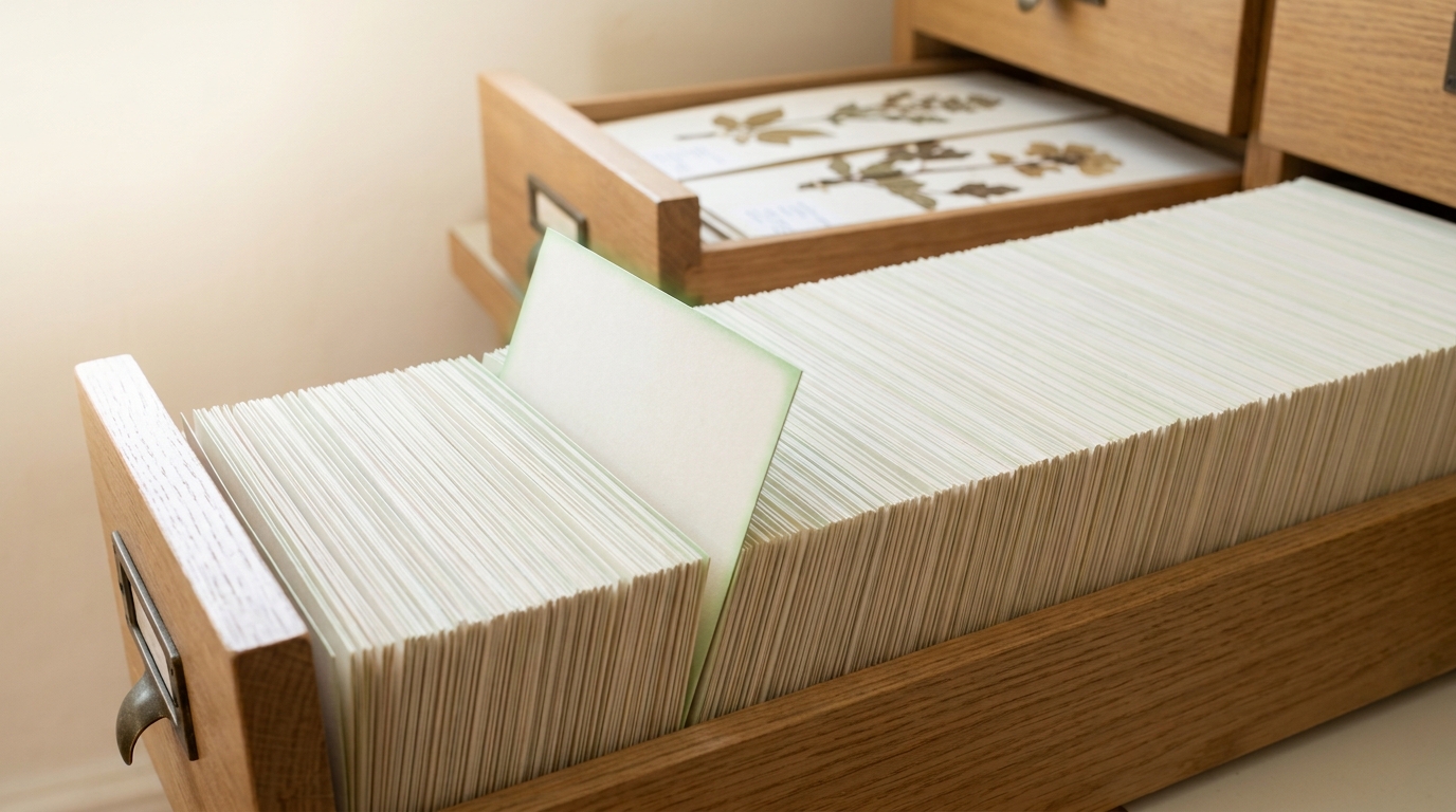 An oak card-index drawer withdrawn onto a bench, its blank pale cards packed so evenly that their top edges make one continuous level plane, with a single card caught half-risen and tilted among them