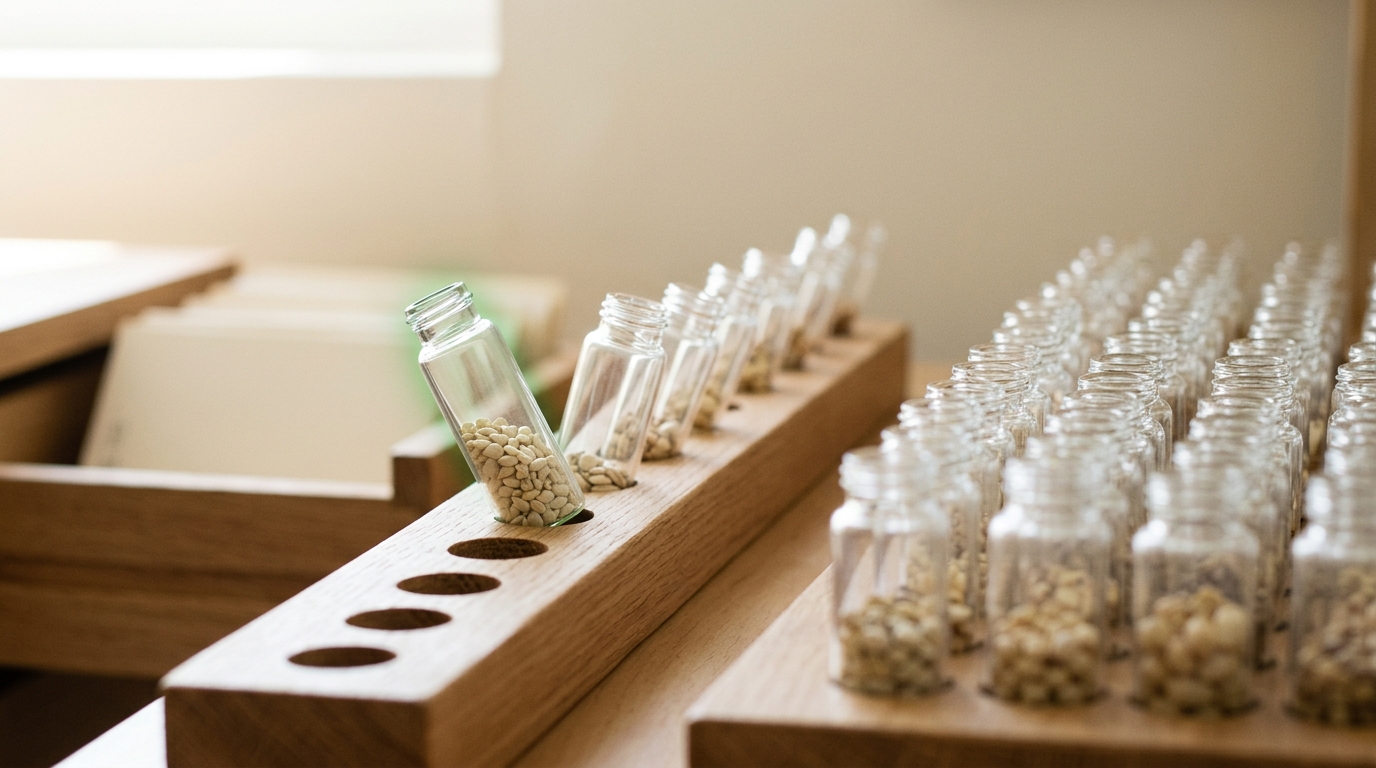 A rack of small glass seed vials in which a sparse trail of vials stands part-lifted from their holes across the rack, one caught mid-lift, the great majority untouched