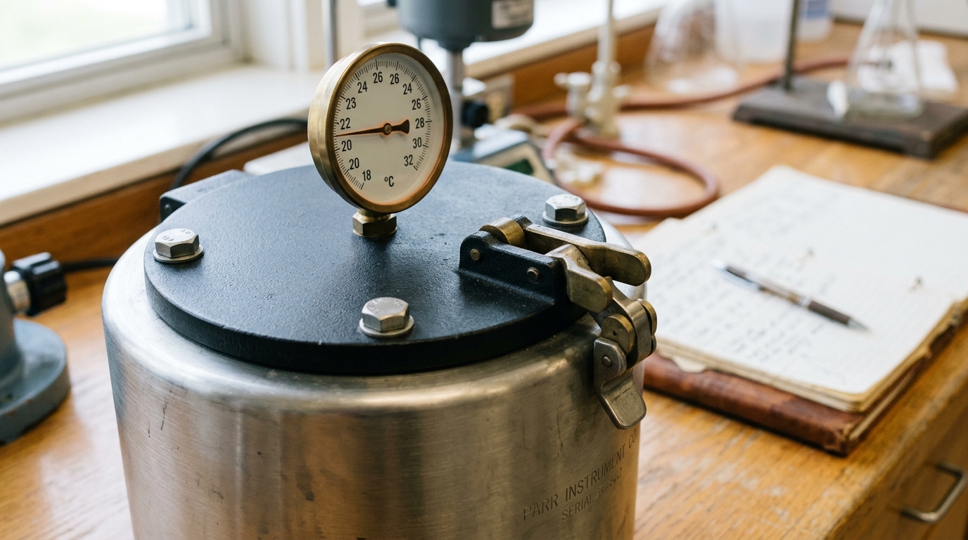 A calorimeter's water jacket and thermometer at the instant before a final reading