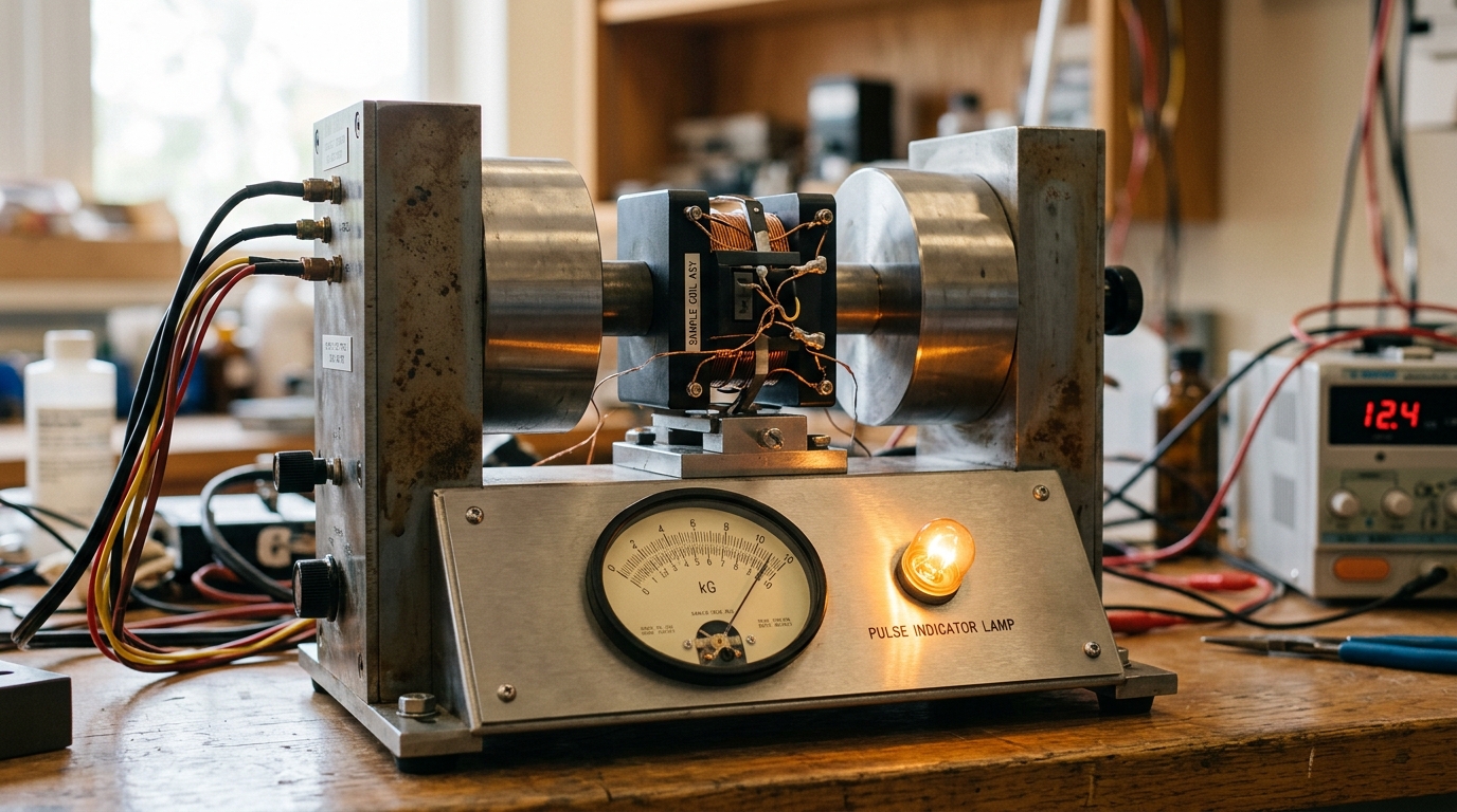 A benchtop electromagnet and sample coil assembly for driven spin precession, mid-pulse