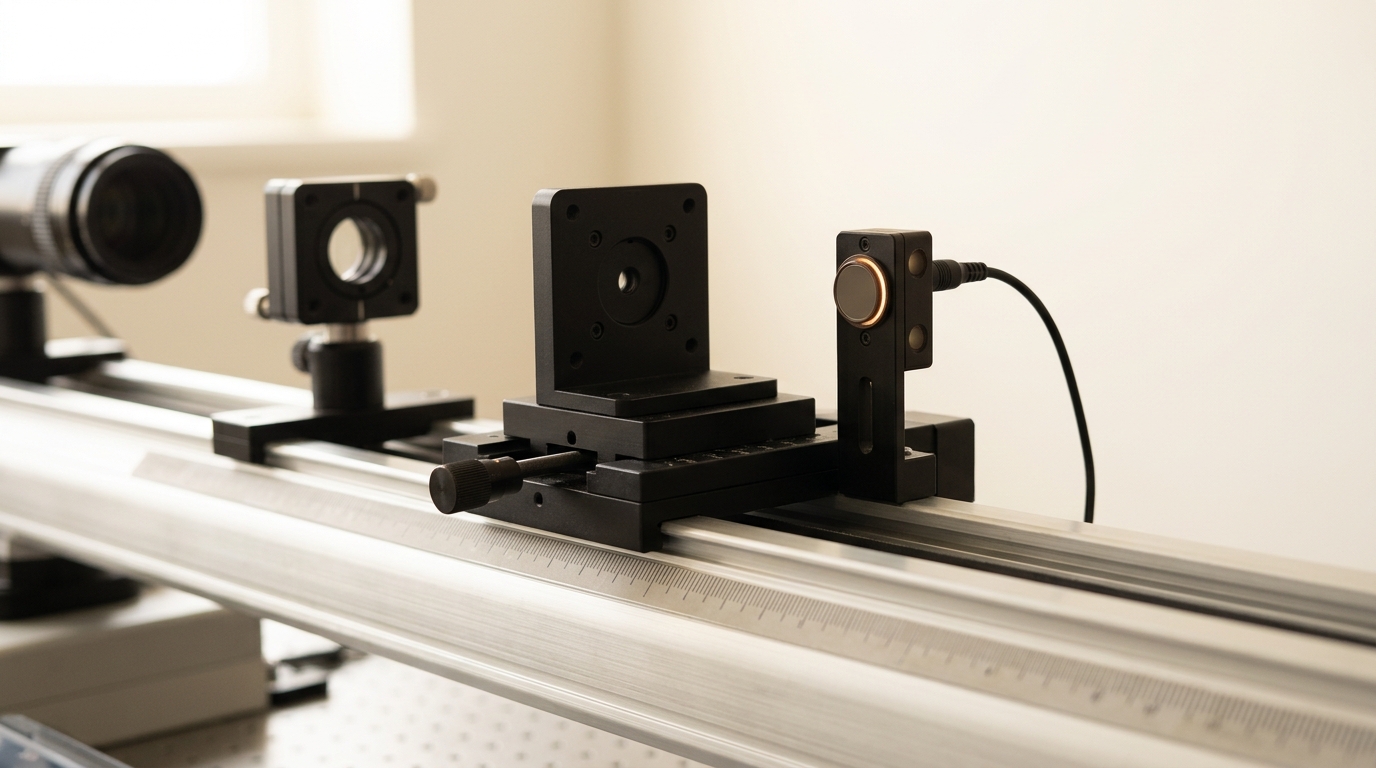 A stabilized-laser optical bench built to measure a moving mirror's Doppler shift, mid-scan