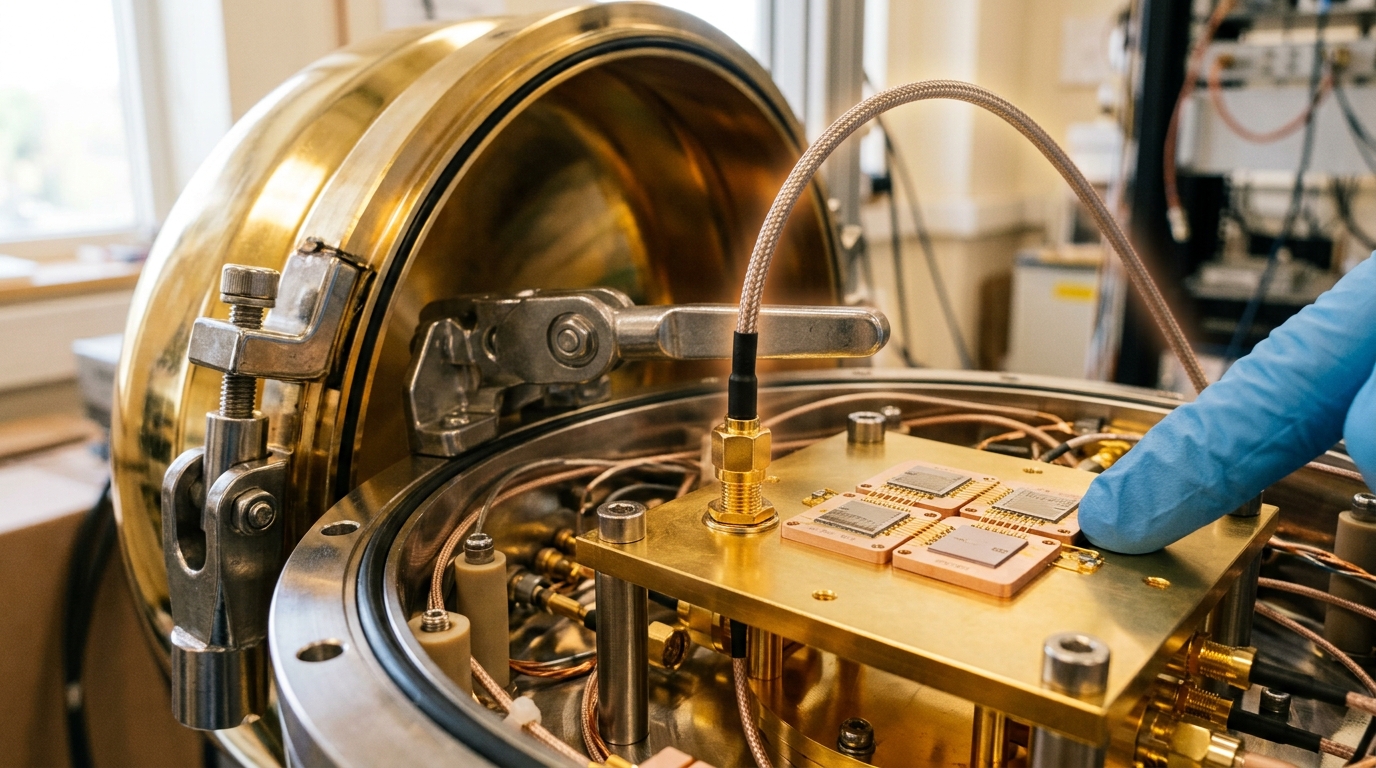 Two coupled superconducting resonator chips mounted on a cryostat cold stage, viewed through an open radiation shield