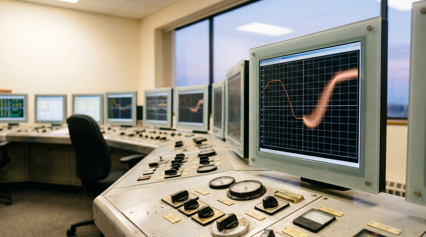 A grid operations control room at dawn with a battery dispatch console mid-update