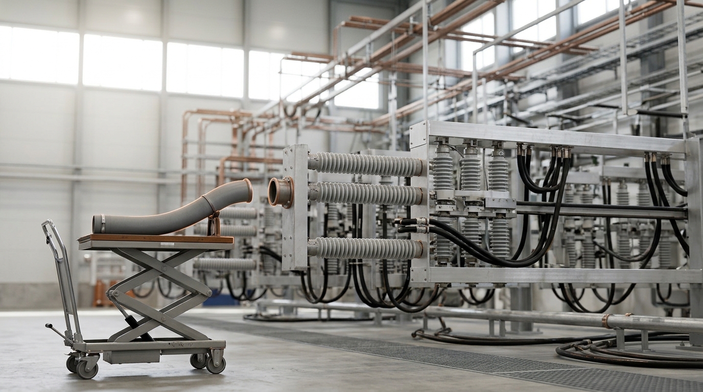 An HVDC converter hall with one thyristor valve module's cooling manifold mid-connection