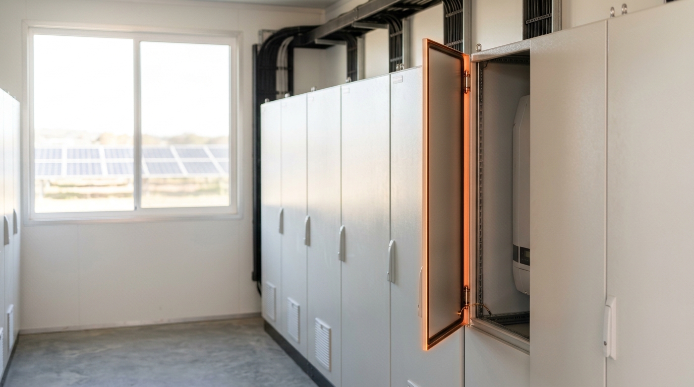 A solar-plus-storage hybrid plant's control shed with an inverter cabinet door mid-close