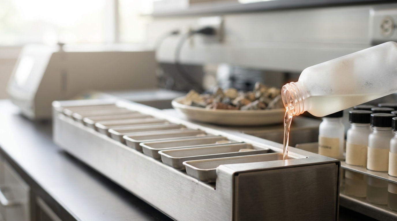 A critical-minerals assay bench with a brine sample vial mid-pour into an analyzer tray