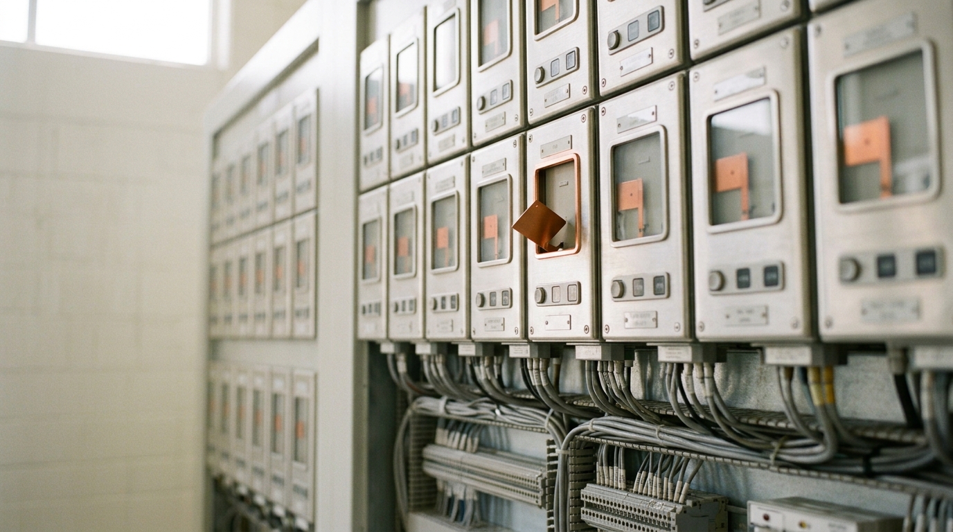 A substation protection-relay panel with one relay's trip indicator still settling