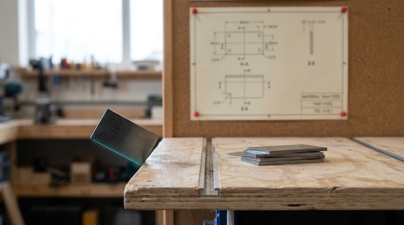 A paper cutting-diagram for a steel beam pinned beside routed coupon offcuts, one offcut still sliding off the router bed.