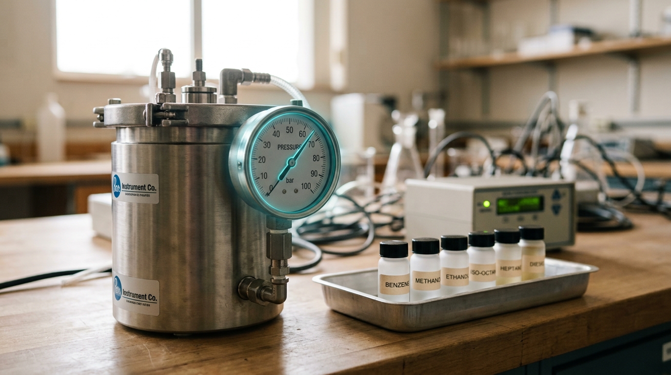 A bomb calorimeter mid-firing with its pressure gauge needle rising, beside a tray of comparison fuel vials.