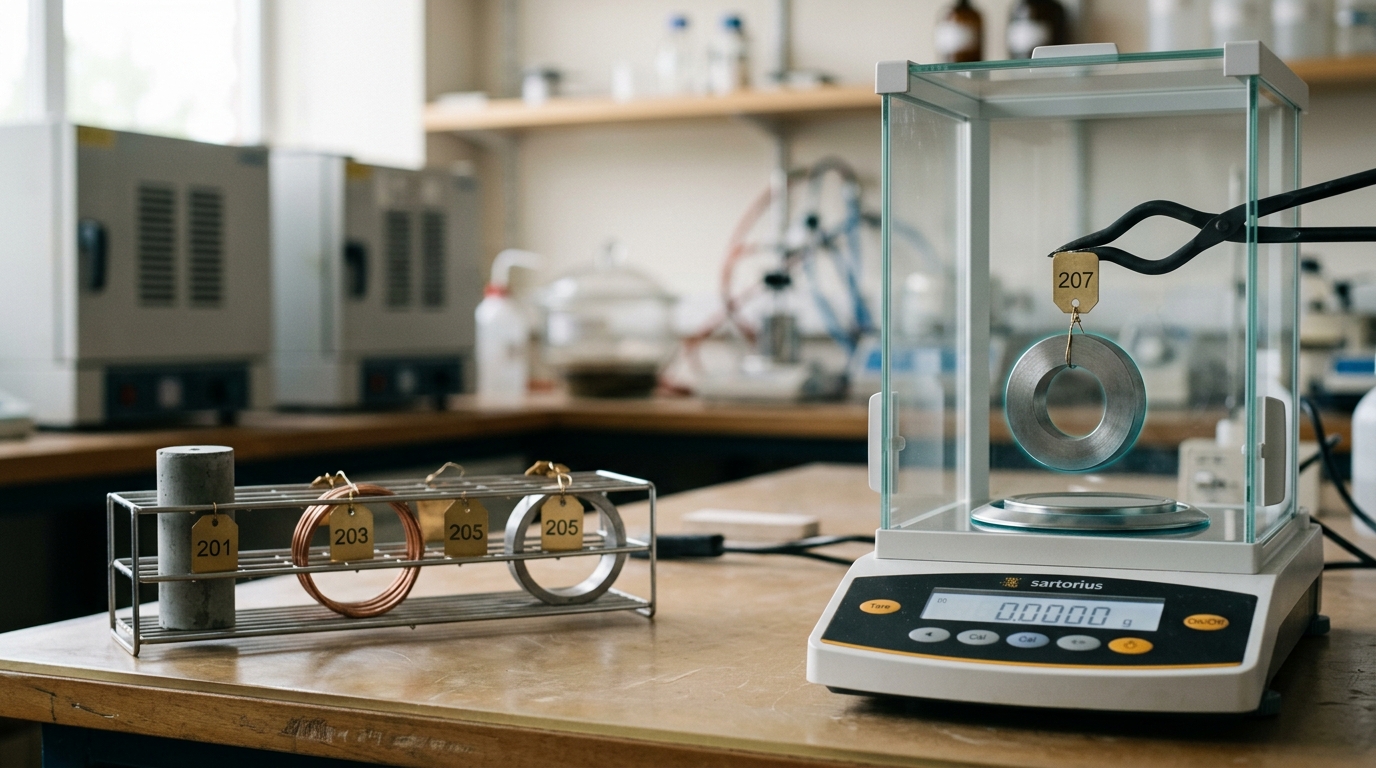 Oven-dried concrete, steel, and copper coupons racked beside an analytical balance, one coupon mid-lower onto the pan.