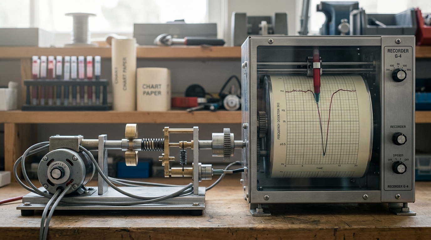 A pen-and-drum strip-chart recorder tracing a frequency-deviation signal from a governor test rig, the pen mid-stroke through a dip.